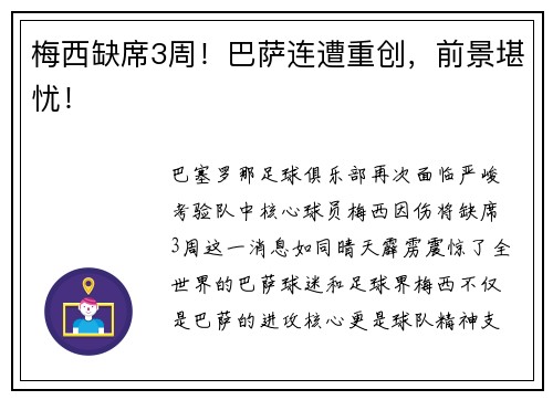 梅西缺席3周！巴萨连遭重创，前景堪忧！
