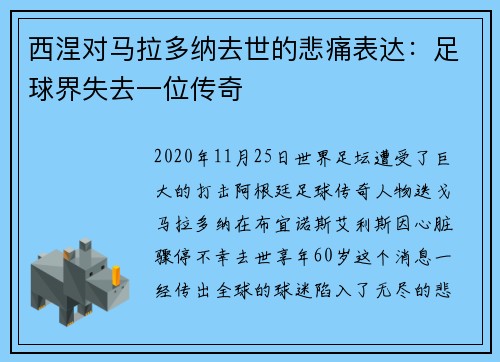 西涅对马拉多纳去世的悲痛表达：足球界失去一位传奇